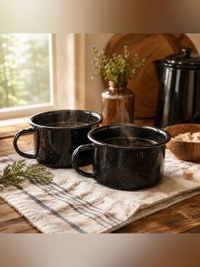 Vintage Black Speckled Enamel Camper Half Mugs Set of 2 | Rustic Camping Cups